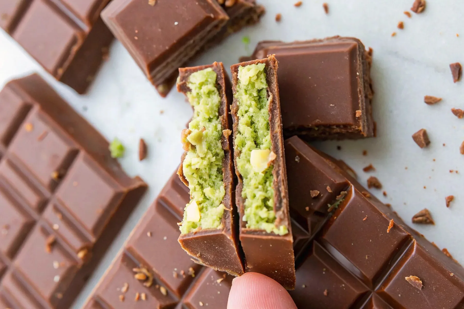 Close-up of a pistachio chocolate bar with roasted nuts inside dark chocolate
