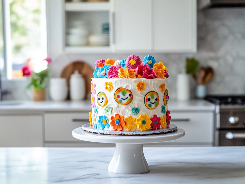 Finished Cocomelon cake with fondant decorations displayed on a white cake stand, placed on a marble kitchen counter