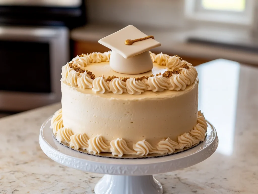 Fully decorated graduation cake with buttercream frosting and a fondant graduation cap.