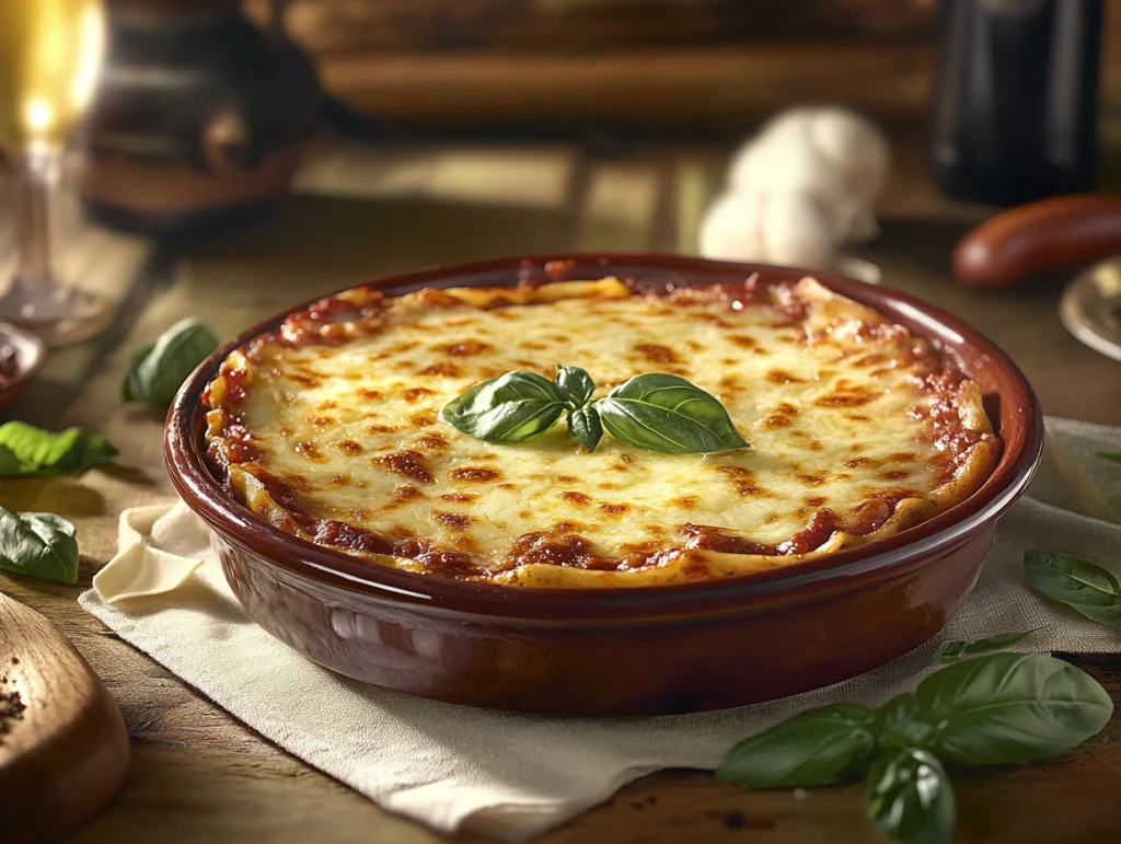 A warm, freshly baked lasagna with golden cheese, surrounded by fresh herbs and served on a rustic wooden table.