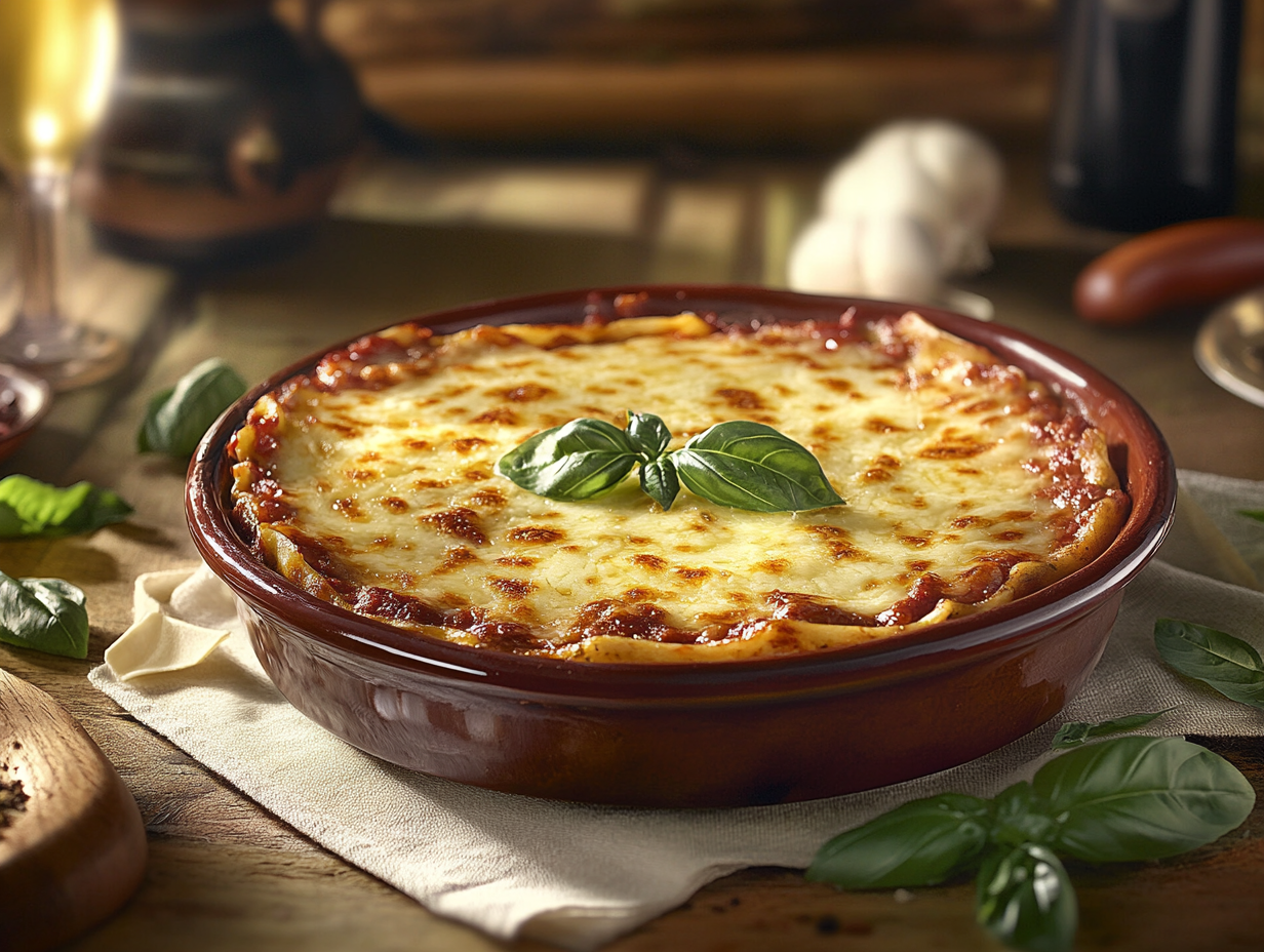 A warm, freshly baked lasagna with golden cheese, surrounded by fresh herbs and served on a rustic wooden table.